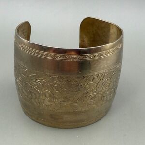 Gold Tone Cuff Bracelet Etched Floral Pattern Wide Textured Metal Open Back